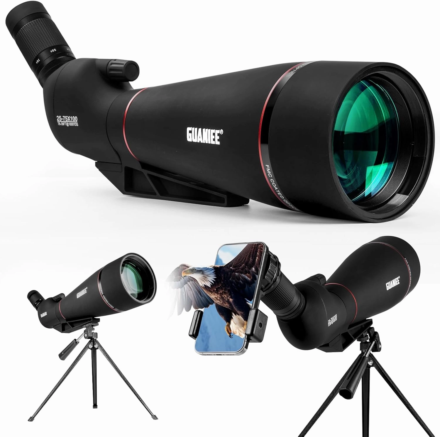 25-75x100 Spotting Scope for Target Shooting with Tripod Carrying Bag and Phone Adapter Spotter Scope for Bird Watching, Wildlife Viewing Black