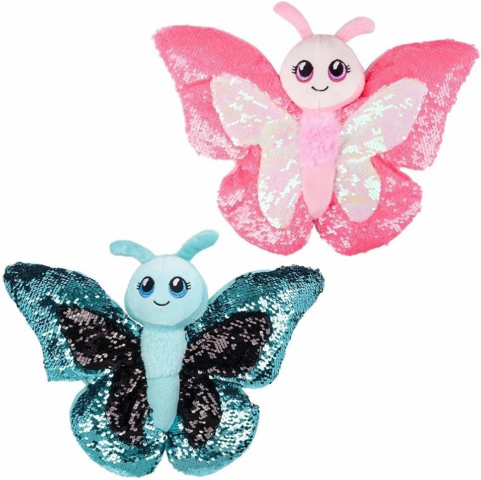 2 Pack - Sequinimals Sequin Pink   Blue Butterfly (Large 14" x 11") Soft Plush Stuffed Animal Reversible Sequins Hot Pink and Blue & Silver