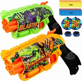 2 Pack Dinosaur Doodle Toy Gun Toy Foam Blaster with 80 Foam Bullets, 6 Dart Spinning Drums Pistol Toy, Foam Dart Gun Shooting Game Activities, Birthday Gift for Kids, Teens, and Ages 6 and Up