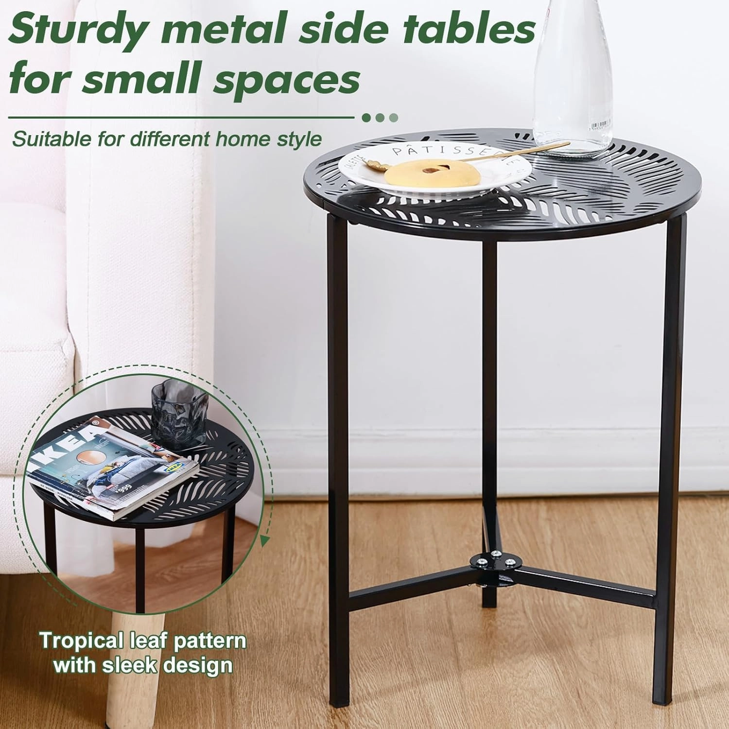 2 Packs 13" Metal Outdoor Side Tables Small Black Outside End Table for Patio Round Accent Corner Stand for Small Spaces Weather-Resistant Coffee Table for Balcony Porch Plant Stand, Palm Leaf