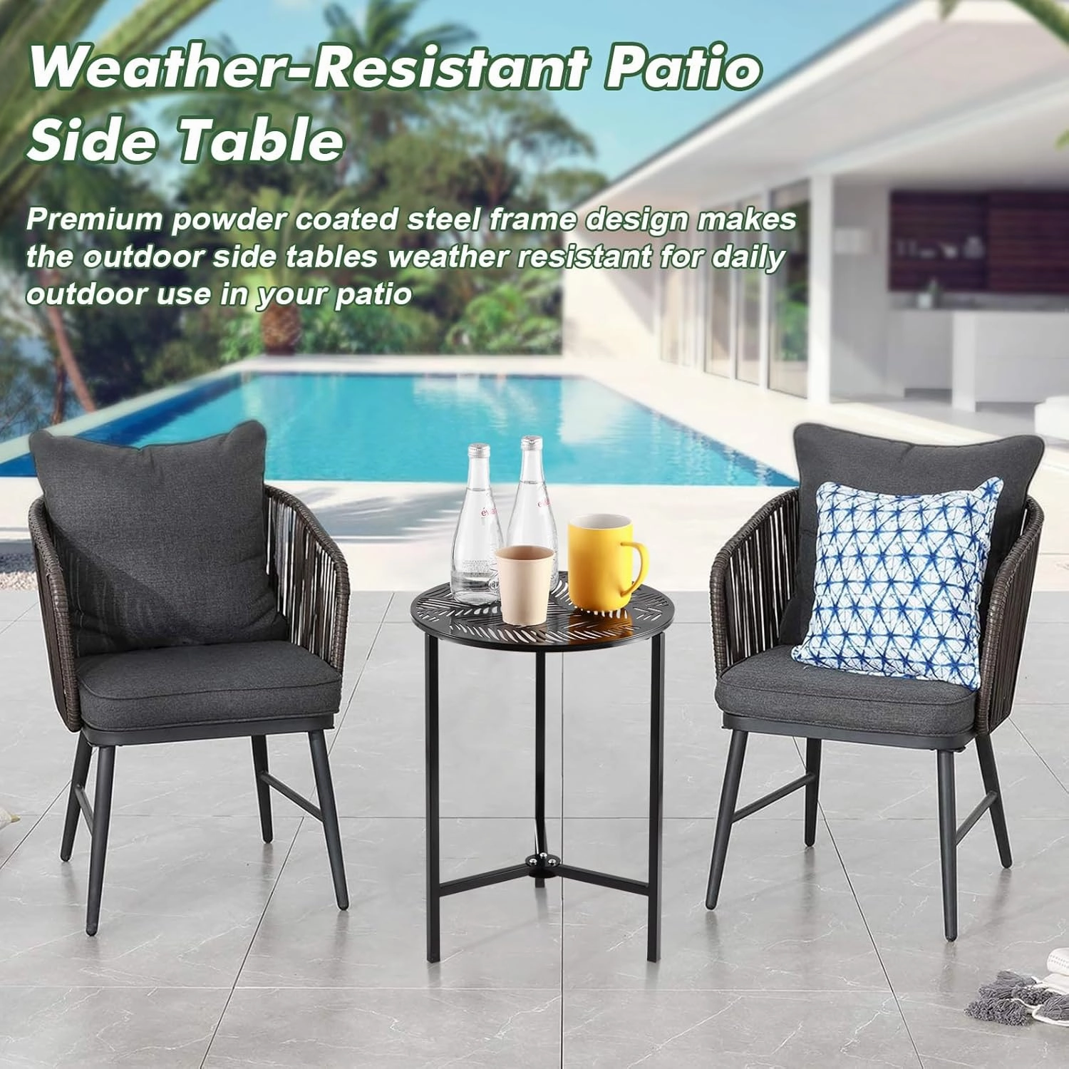 2 Packs 13" Metal Outdoor Side Tables Small Black Outside End Table for Patio Round Accent Corner Stand for Small Spaces Weather-Resistant Coffee Table for Balcony Porch Plant Stand, Palm Leaf