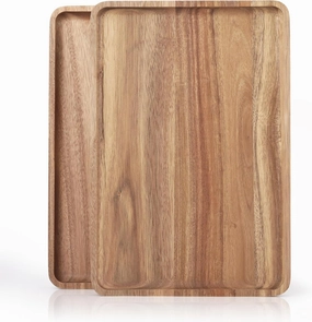 2 PCS Solid Acacia Wood Serving Trays 13 * 9 inch Rectangular Wooden Serving Platters Natural Wooden Boards for Bar Coffee Party（Wood Log Color）