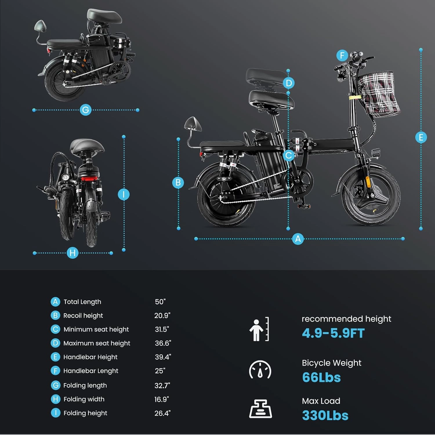 2 Person Electric Bike, 750W Peak Folding E Bike, 14" 48V 15AH Mini Ebike with Kids Seat, Long Range 50Miles, Max Speed 20MPH, Small Foldable Ebikes for Adults and Teens