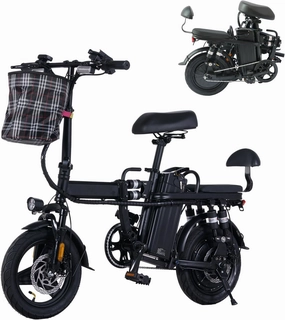 2 Person Electric Bike, 750W Peak Folding E Bike, 14" 48V 15AH Mini Ebike with Kids Seat, Long Range 50Miles, Max Speed 20MPH, Small Foldable Ebikes for Adults and Teens