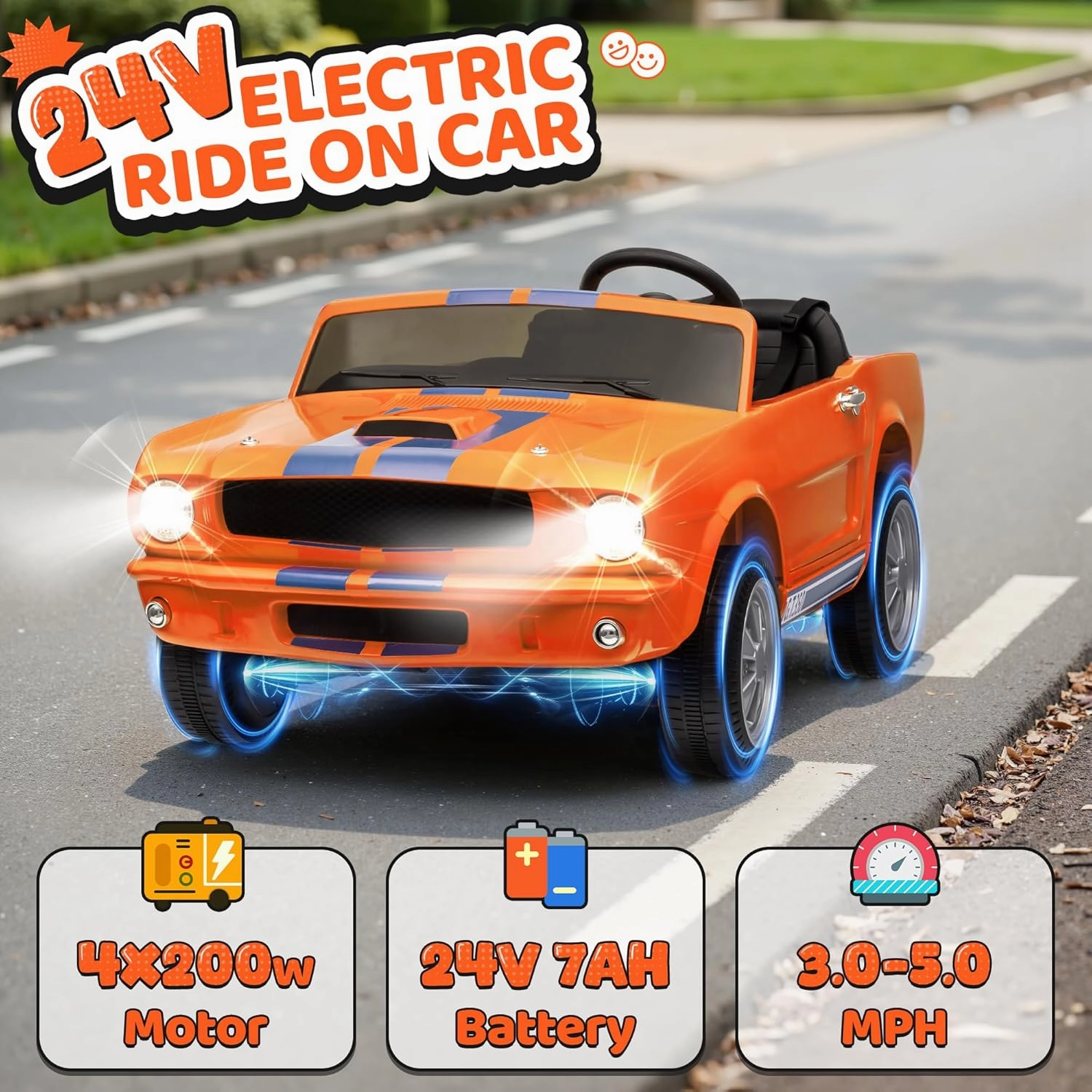 2 Seater Ride On Car for Kids, 24V Licensed Ford Shelby Cobra Kids Electric Vehicle Ride On Toy Racing Car w/Remote Control, 3 Speed, 4-Wheeler Suspension, Soft Start, Bluetooth, LED Lights