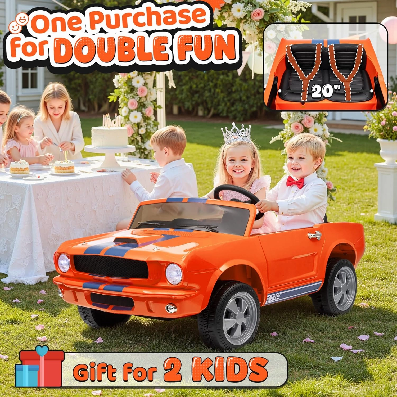 2 Seater Ride On Car for Kids, 24V Licensed Ford Shelby Cobra Kids Electric Vehicle Ride On Toy Racing Car w/Remote Control, 3 Speed, 4-Wheeler Suspension, Soft Start, Bluetooth, LED Lights