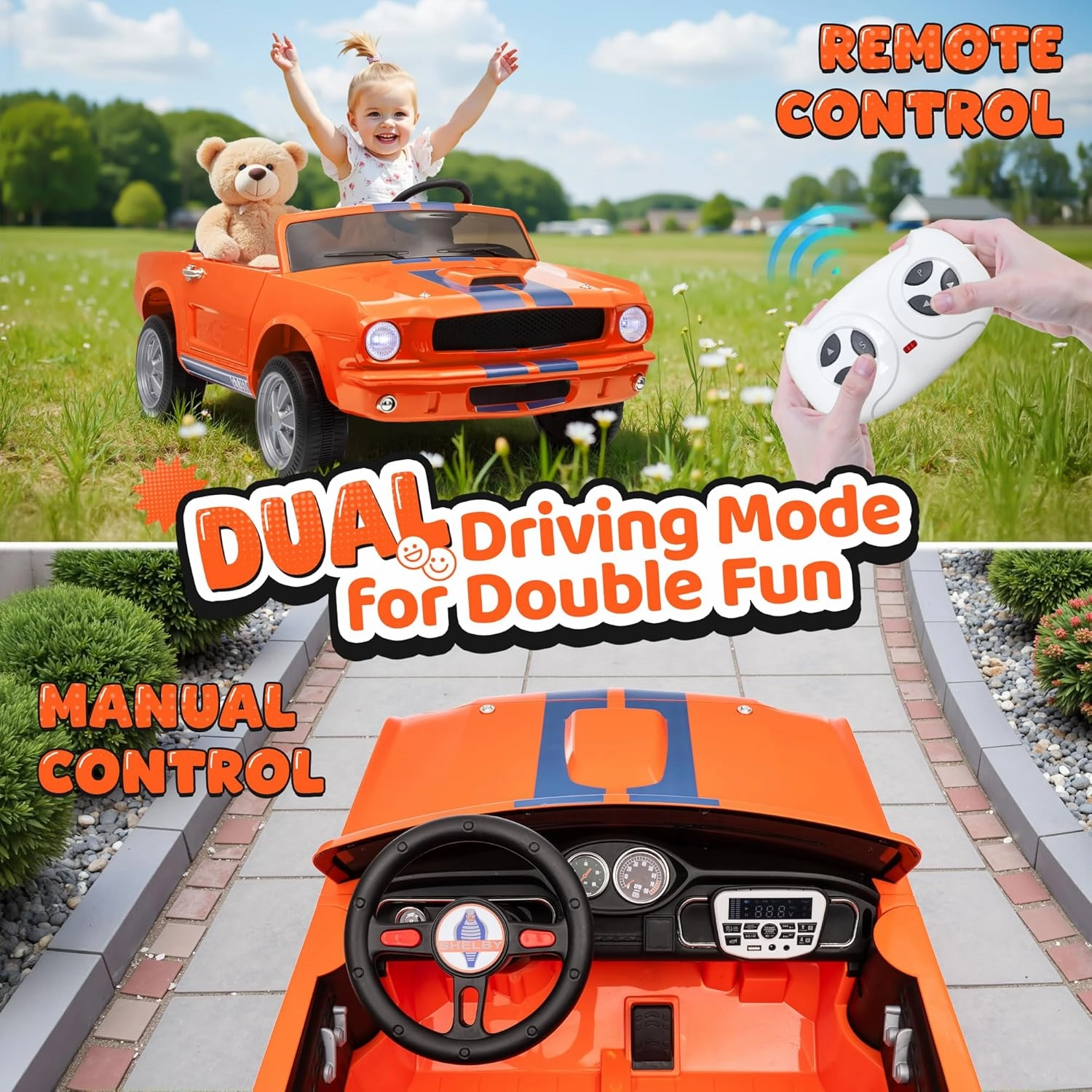 2 Seater Ride On Car for Kids, 24V Licensed Ford Shelby Cobra Kids Electric Vehicle Ride On Toy Racing Car w/Remote Control, 3 Speed, 4-Wheeler Suspension, Soft Start, Bluetooth, LED Lights