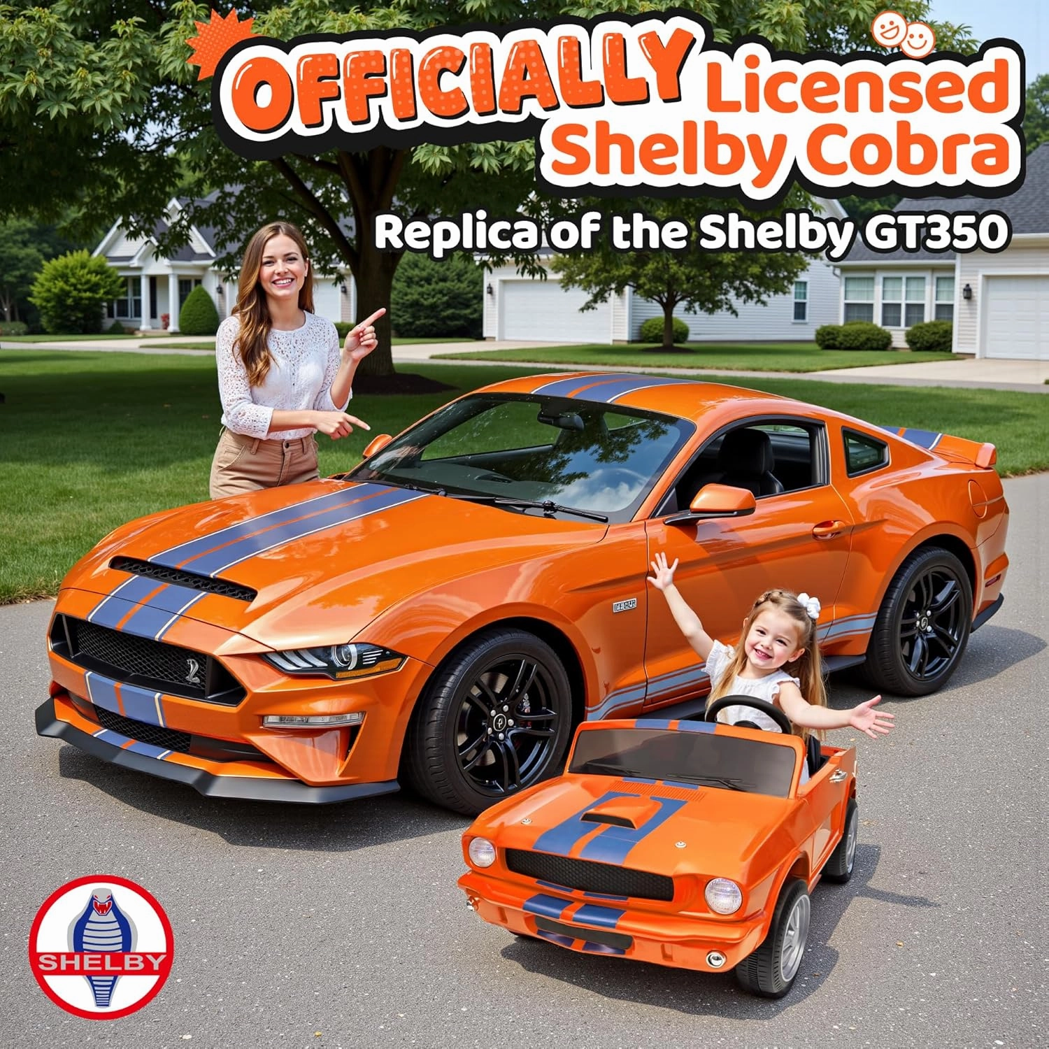 2 Seater Ride On Car for Kids, 24V Licensed Ford Shelby Cobra Kids Electric Vehicle Ride On Toy Racing Car w/Remote Control, 3 Speed, 4-Wheeler Suspension, Soft Start, Bluetooth, LED Lights