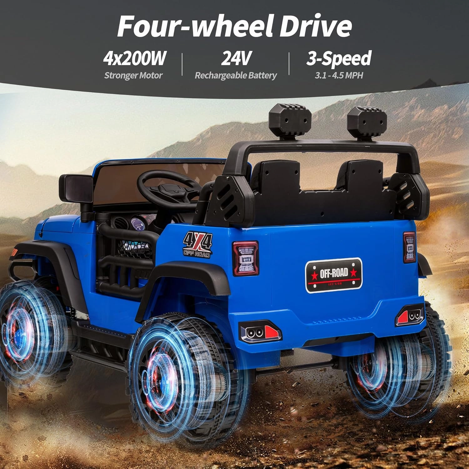 2 Seater Ride on Toy Car for Kids, 24V 4WD Ride-on Truck Kids Electric Car with Remote Control, 4x200W Motors - Blue