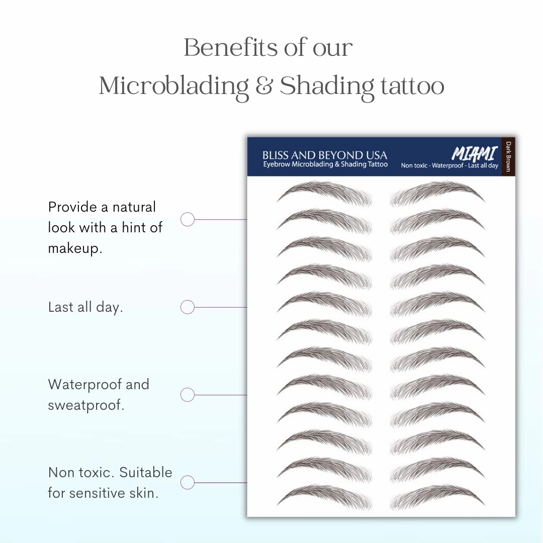 2 sheets eyebrow tattoo waterproof sticker, Long Lasting, Natural Looking Fake Eyebrow for Alopecia, Chemo, Cancer gift. Same Size eyebrow tattoos (Natural Miami, Dark Brown)