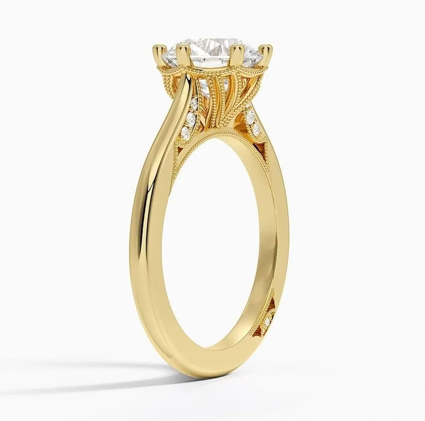 3 CT Round Cut Cathedral Crown Moissanite Engagement Ring, Handmade Wedding Ring, Milgrain Tacori Promise Ring, Christmas Gift For Her In 10K/14K/18K Solid Gold & 925 Sterling Silver