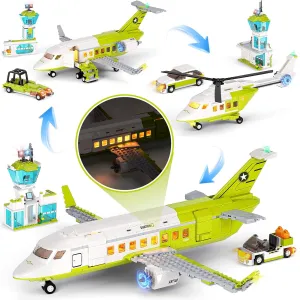 3 in 1 City Passenger Airplane Building Sets with LED Light, 684 PCS Toy Plane Building Blocks with Airport Terminal, Luggage Cart, Aircraft Tug Model Plane Toys for Kids 6-12 