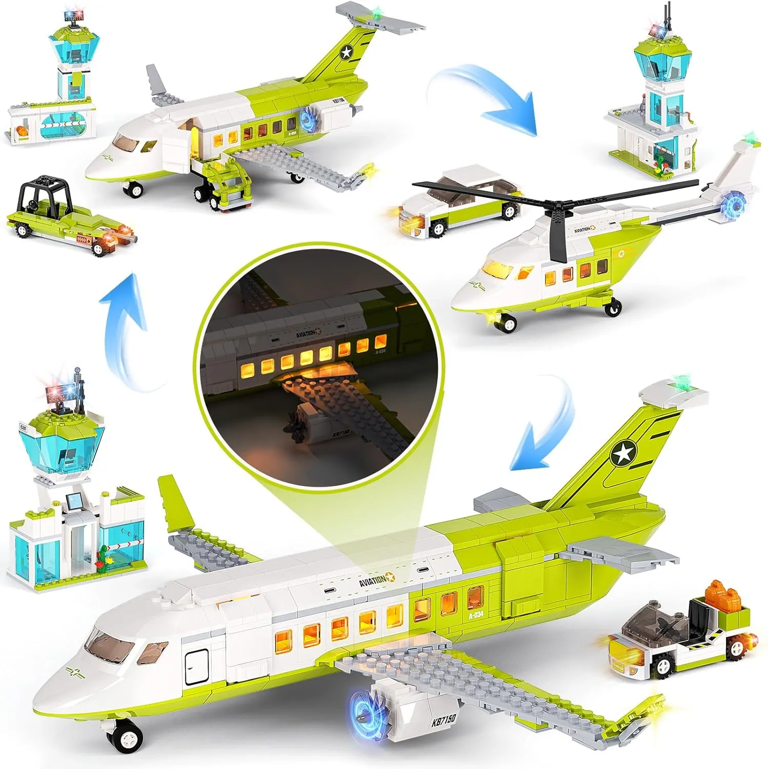 3 in 1 City Passenger Airplane Building Sets with LED Light, 684 PCS Toy Plane Building Blocks with Airport Terminal, Luggage Cart, Aircraft Tug Model Plane Toys for Kids 6-12 