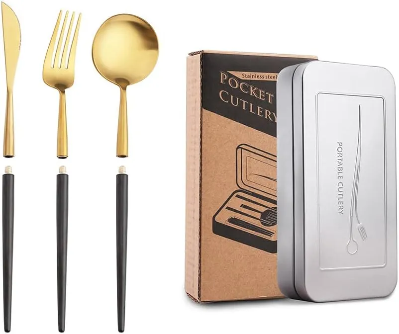 3 Pcs Portable Black Flatware set for 1 Forks Spoons and Knives Gold Silverware set Utensils Tableware Light Luxury Travel Outdoors With Box (Gold&Black 12Pcs for 4)