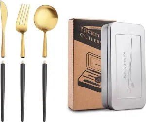 3 Pcs Portable Black Flatware set for 1 Forks Spoons and Knives Gold Silverware set Utensils Tableware Light Luxury Travel Outdoors With Box (Gold&Black 12Pcs for 4)