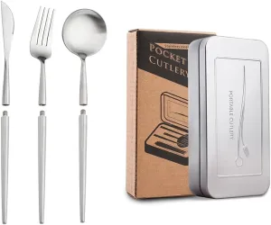 3 Pcs Portable Black Flatware set for 1 Forks Spoons and Knives Gold Silverware set Utensils Tableware Light Luxury Travel Outdoors With Box (Silver 6Pcs for 2)