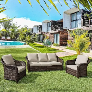 3 Pieces Outdoor Patio Couch Set, 78" Couch, 2 Chairs, Rattan Wicker Conversation Furniture with Removable Cushions for Bistro, Deck (Beige/Brown)