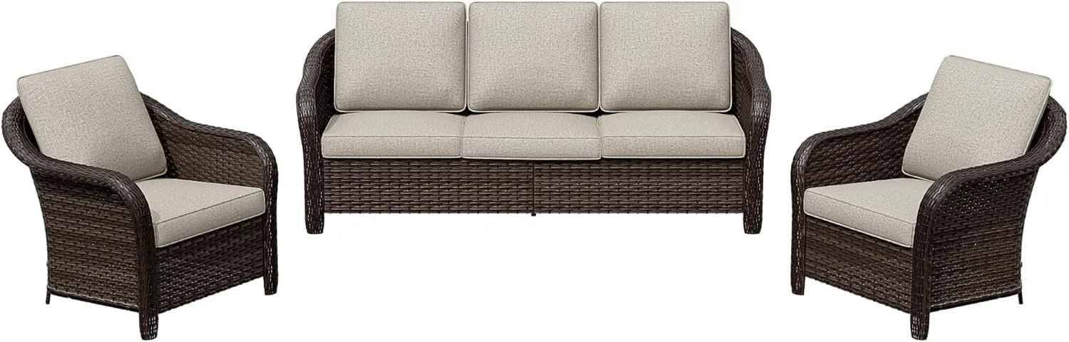 3 Pieces Outdoor Patio Couch Set, 78" Couch, 2 Chairs, Rattan Wicker Conversation Furniture with Removable Cushions for Bistro, Deck (Beige/Brown)