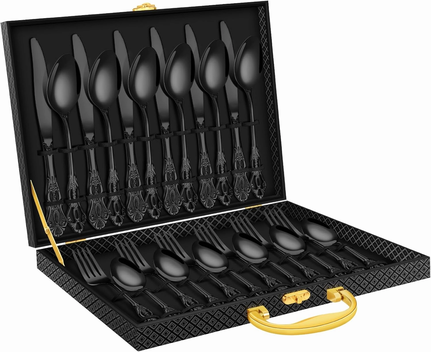 30PCS Black Silverware Set, Ollex Retro Royal Flatware Set for 6 with Case, Food-Grade Stainless Steel Utensil Set Mirror Polished Include Knives Forks Spoons Tableware Cutlery Set,Dishwasher Safe