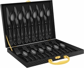 30PCS Black Silverware Set, Ollex Retro Royal Flatware Set for 6 with Case, Food-Grade Stainless Steel Utensil Set Mirror Polished Include Knives Forks Spoons Tableware Cutlery Set,Dishwasher Safe