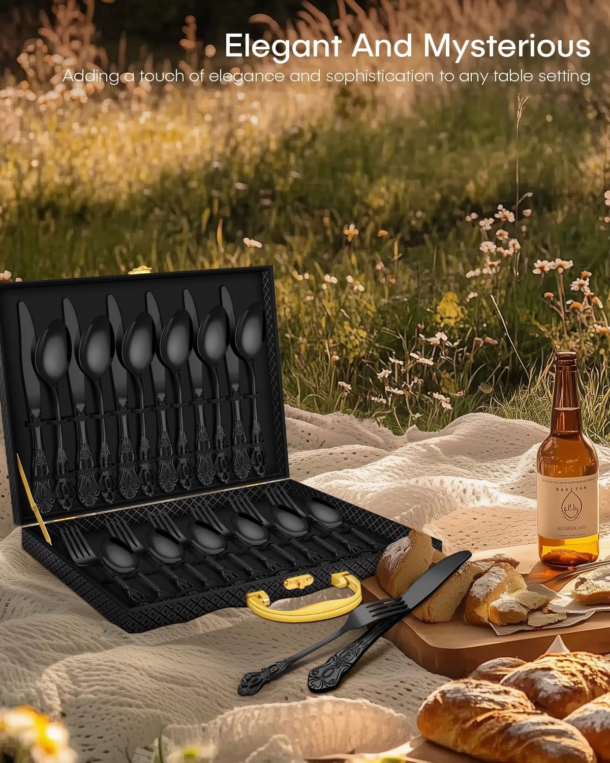 30PCS Black Silverware Set, Ollex Retro Royal Flatware Set for 6 with Case, Food-Grade Stainless Steel Utensil Set Mirror Polished Include Knives Forks Spoons Tableware Cutlery Set,Dishwasher Safe