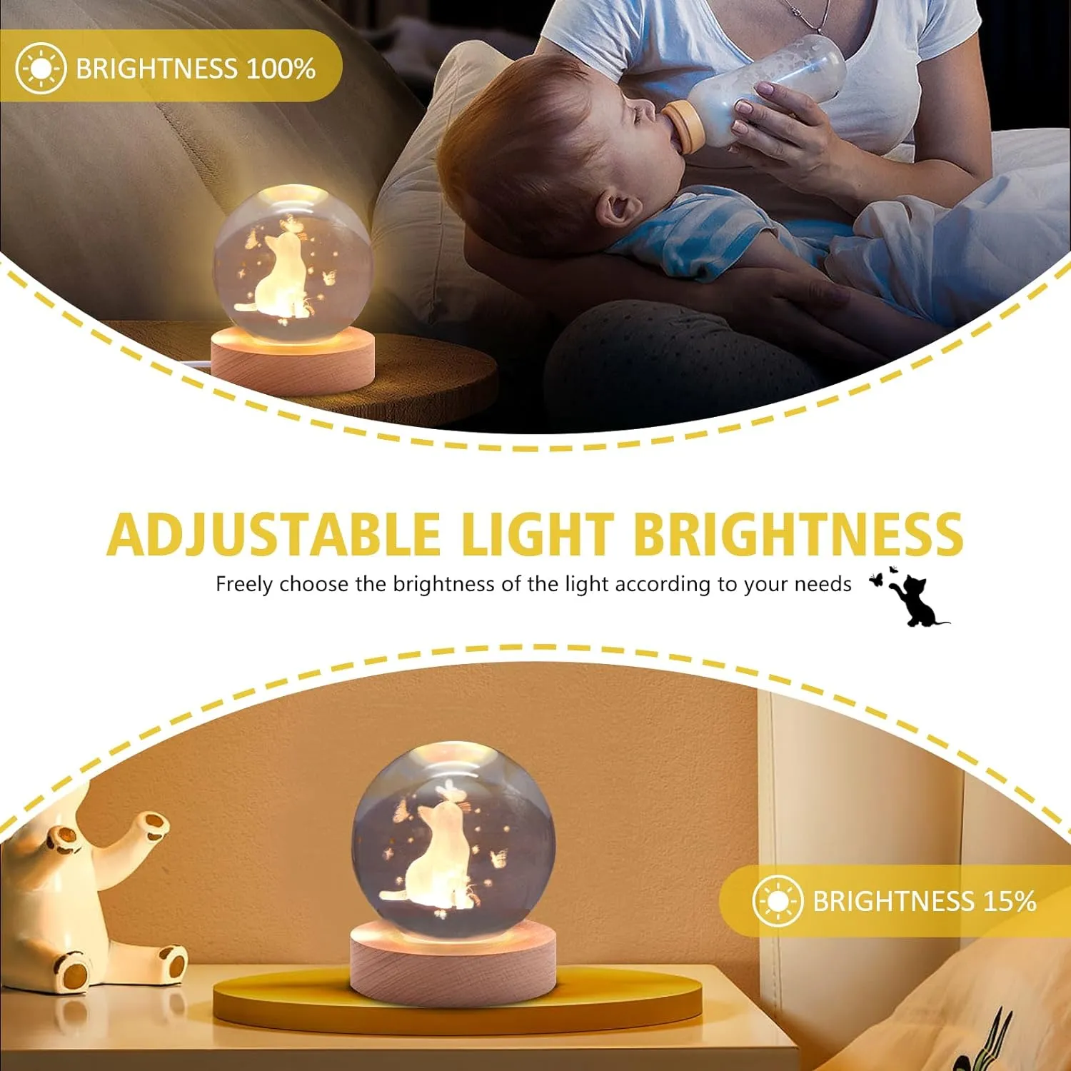 3.15in Crystal Cat Ball Lamp with Wooden Base - Cat Themed Gift for Lovers - Birthday, Christmas, Mother's Day Items
