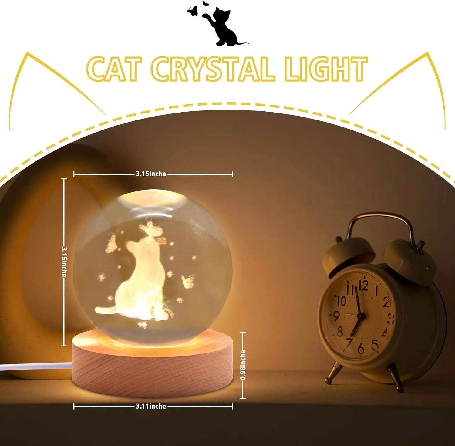 3.15in Crystal Cat Ball Lamp with Wooden Base - Cat Themed Gift for Lovers - Birthday, Christmas, Mother's Day Items