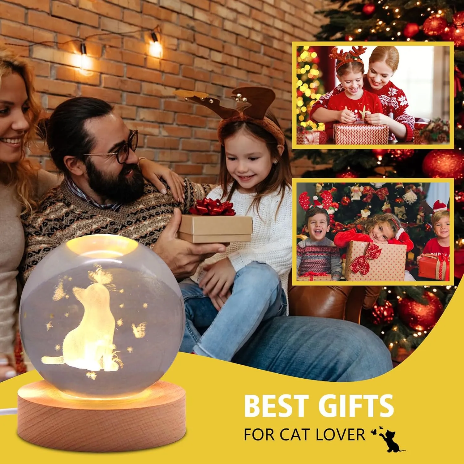 3.15in Crystal Cat Ball Lamp with Wooden Base - Cat Themed Gift for Lovers - Birthday, Christmas, Mother's Day Items