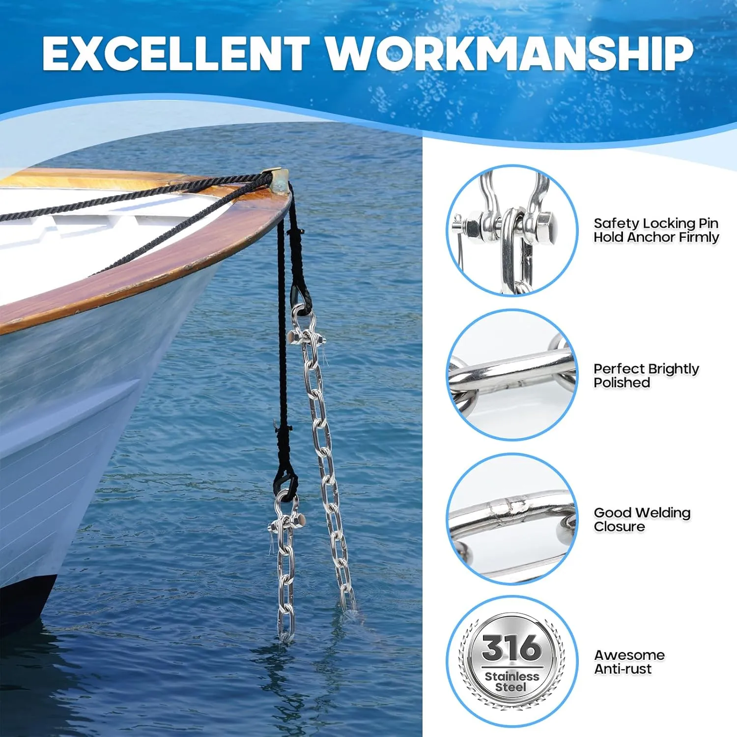 316 Stainless Steel Anchor Chain, Marine Grade Boat Anchor Chain Kit, Heavy-Duty 1/4" or 5/16" Anchor Lead Chain w/ 2 Pcs Anti-Off Double Shackle Link Ends for Boats, Pontoon, Deck & Sail