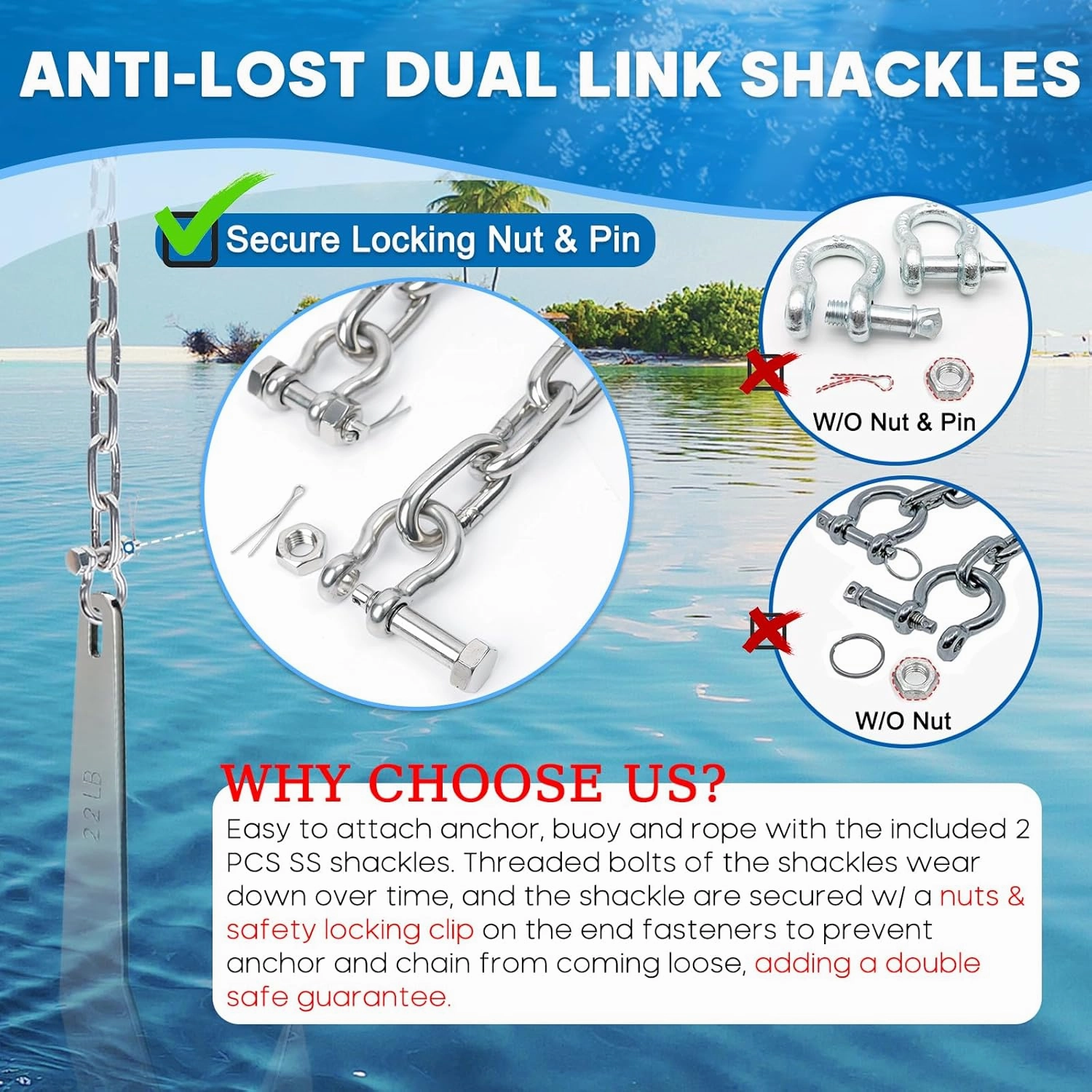 316 Stainless Steel Anchor Chain, Marine Grade Boat Anchor Chain Kit, Heavy-Duty 1/4" or 5/16" Anchor Lead Chain w/ 2 Pcs Anti-Off Double Shackle Link Ends for Boats, Pontoon, Deck & Sail