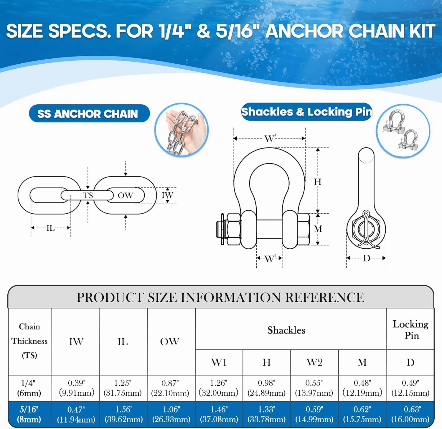 316 Stainless Steel Anchor Chain, Marine Grade Boat Anchor Chain Kit, Heavy-Duty 1/4" or 5/16" Anchor Lead Chain w/ 2 Pcs Anti-Off Double Shackle Link Ends for Boats, Pontoon, Deck & Sail