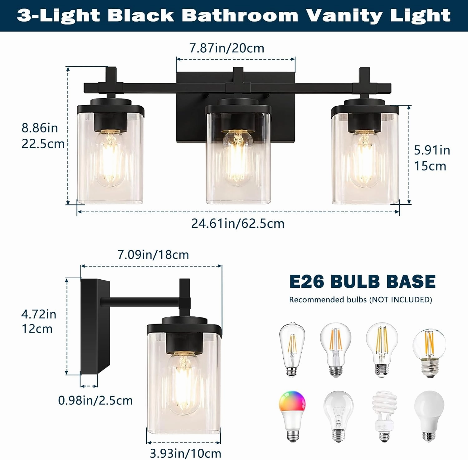 3-Lights Bathroom Vanity Light Fixtures, Modern Black Vanity Lights Over Mirror with Clear Glass Shade for Bathroom, Wall Mounted Lamp for Bedroom Hallway Living Room