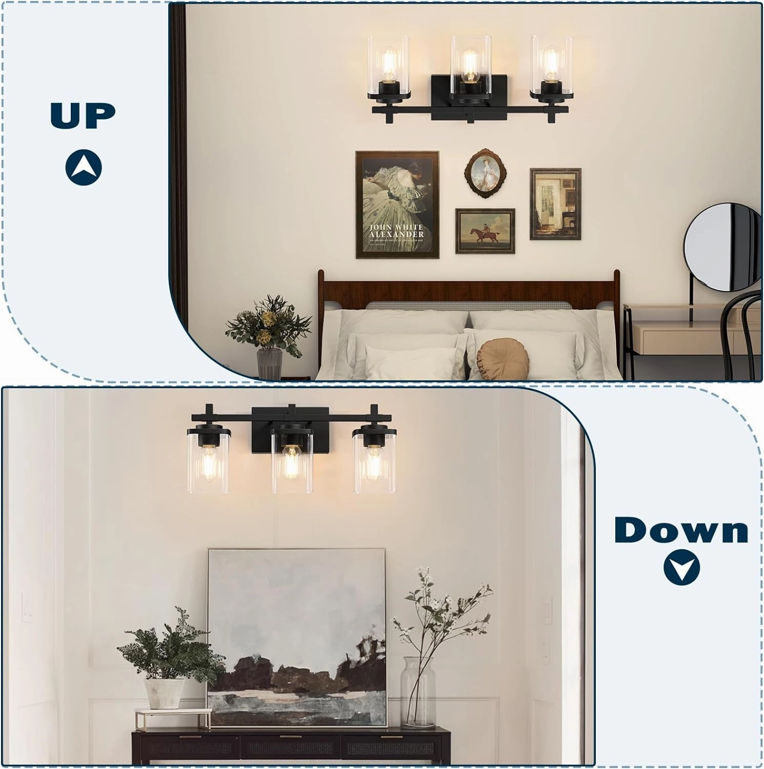 3-Lights Bathroom Vanity Light Fixtures, Modern Black Vanity Lights Over Mirror with Clear Glass Shade for Bathroom, Wall Mounted Lamp for Bedroom Hallway Living Room
