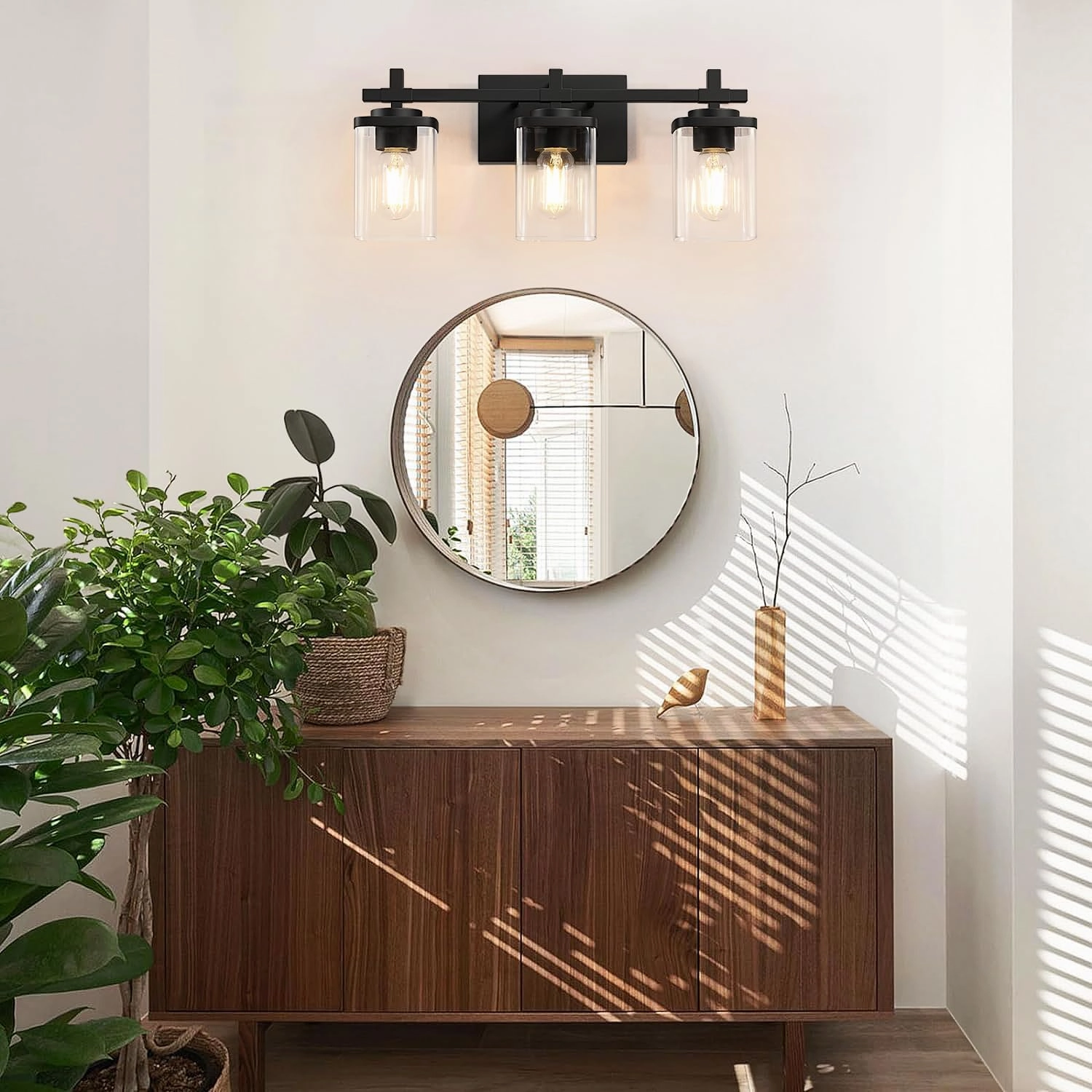 3-Lights Bathroom Vanity Light Fixtures, Modern Black Vanity Lights Over Mirror with Clear Glass Shade for Bathroom, Wall Mounted Lamp for Bedroom Hallway Living Room