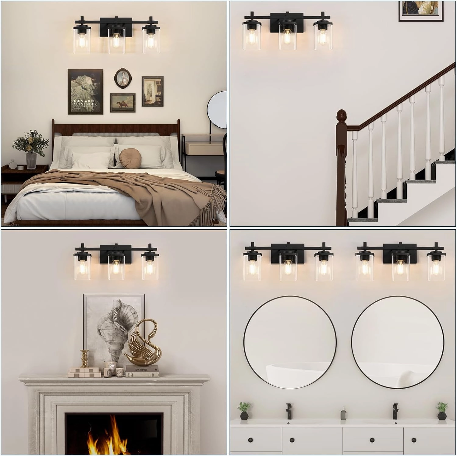 3-Lights Bathroom Vanity Light Fixtures, Modern Black Vanity Lights Over Mirror with Clear Glass Shade for Bathroom, Wall Mounted Lamp for Bedroom Hallway Living Room