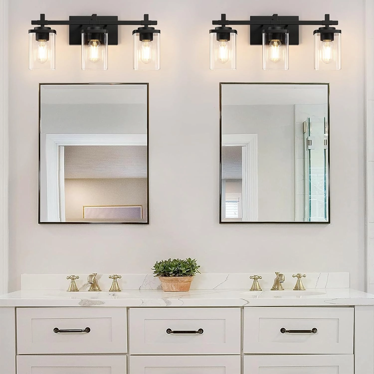 3-Lights Bathroom Vanity Light Fixtures, Modern Black Vanity Lights Over Mirror with Clear Glass Shade for Bathroom, Wall Mounted Lamp for Bedroom Hallway Living Room