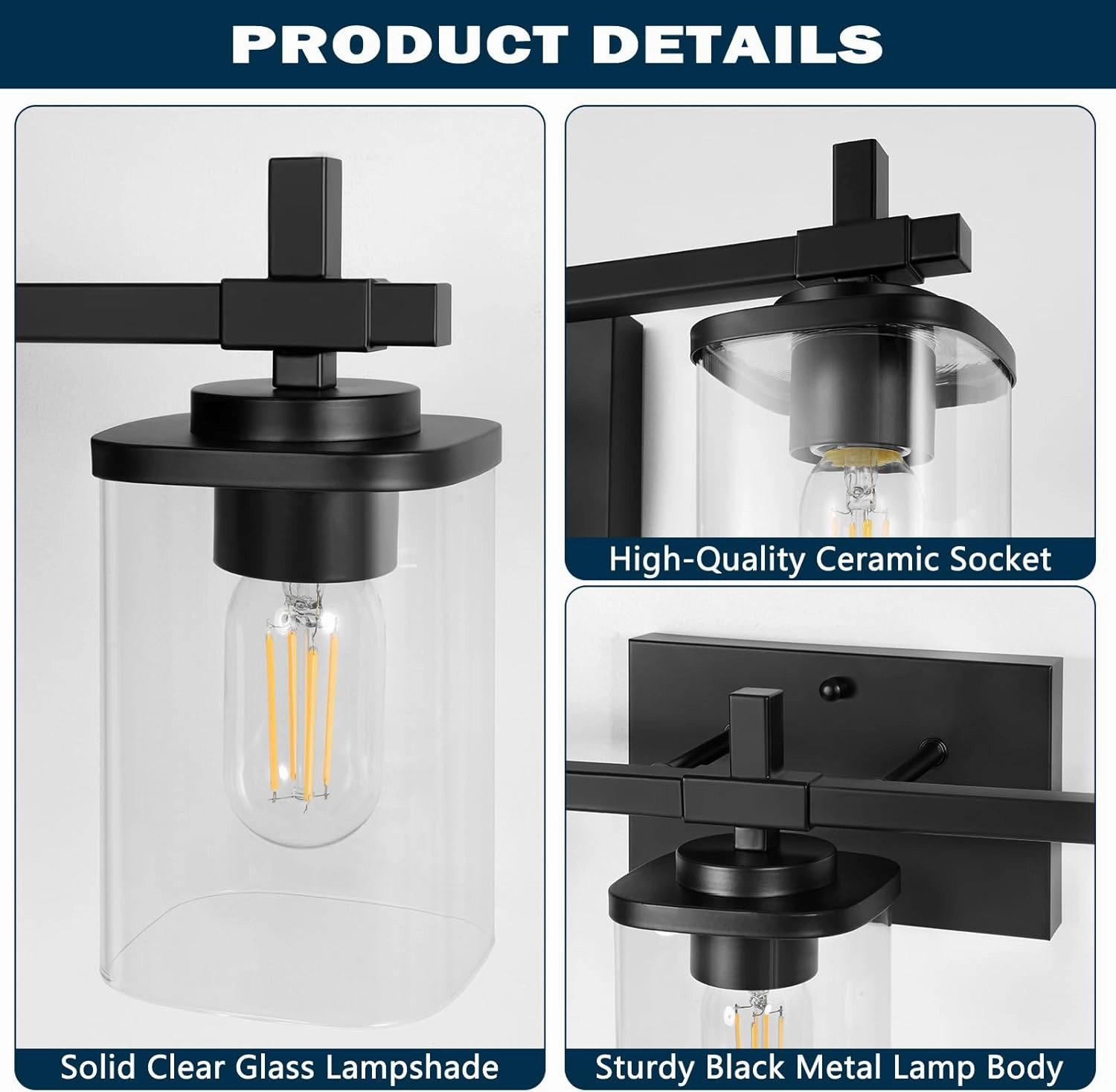 3-Lights Bathroom Vanity Light Fixtures, Modern Black Vanity Lights Over Mirror with Clear Glass Shade for Bathroom, Wall Mounted Lamp for Bedroom Hallway Living Room