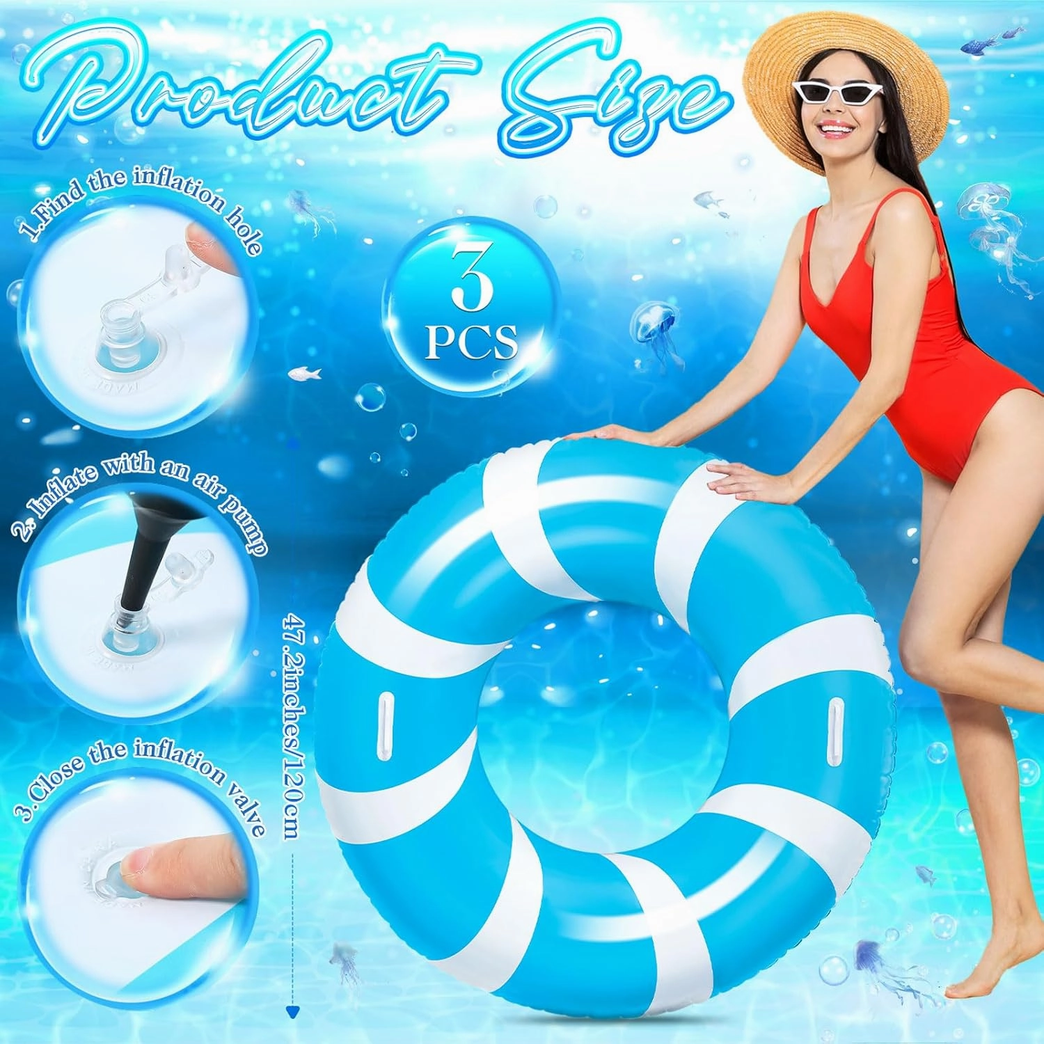 3 Pcs Jumbo Blue Swim Ring with Handles 47.24 Inches Inflatable Pool Float Tube Classic Striped Inflatable Swimming Pool Ring for Adults Summer Pool Lounger Rafts Beach Party Supplies