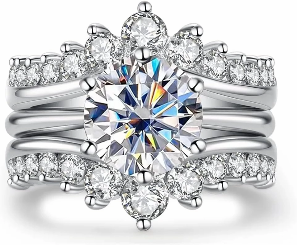 3CT Moissanite Ring Set for Women 14K/18K Solid White Gold Round Moissanite Ring for Women Wedding Ring Set Engagement Ring Set Bridal Ring Set Jewelry Gift for Women Her
