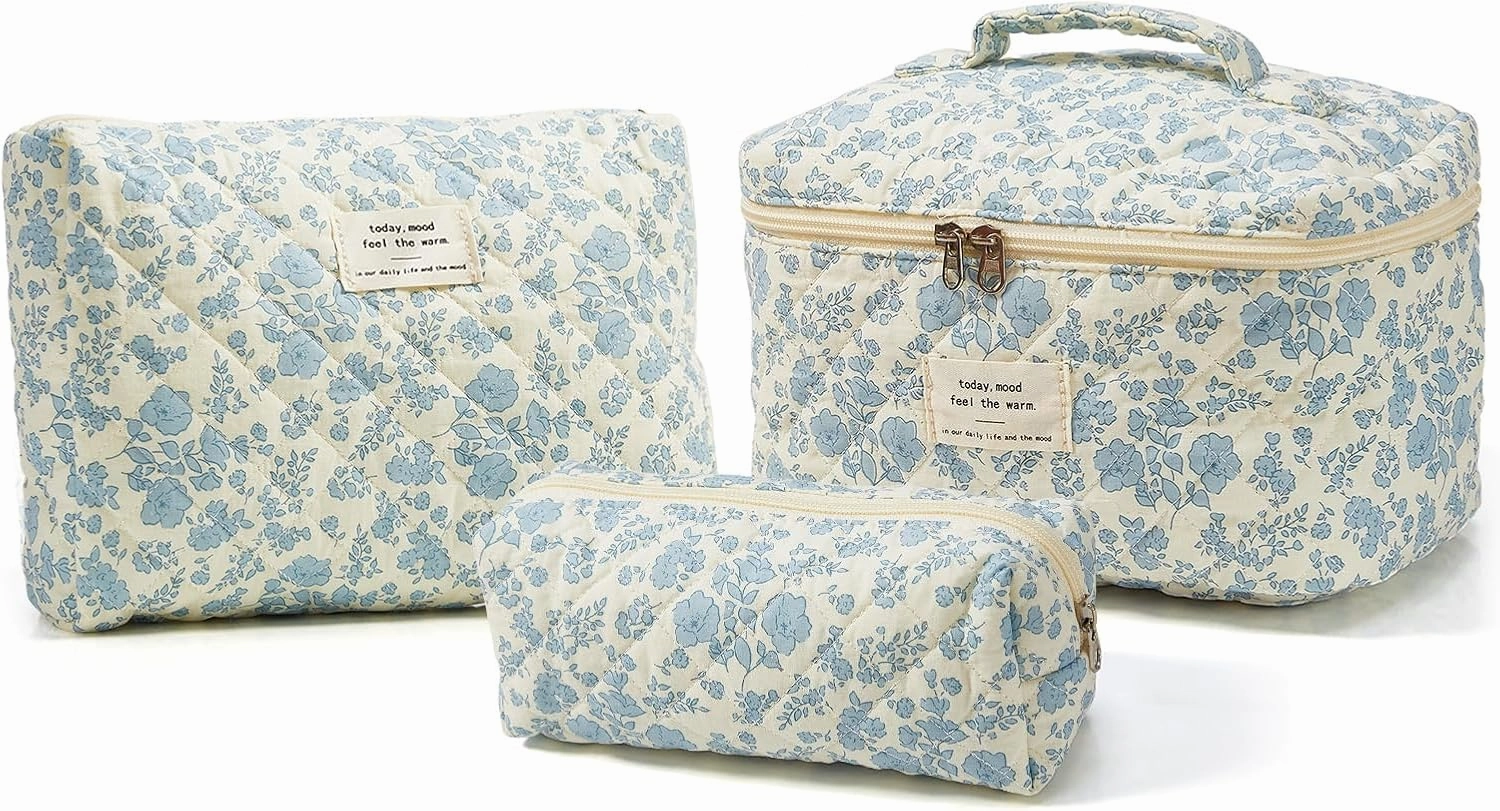 3Pcs Quilted Makeup Bag Set - Floral, Cotton, Cute Cosmetic Bags for Women