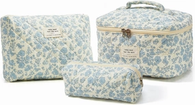 3Pcs Quilted Makeup Bag Set - Floral, Cotton, Cute Cosmetic Bags for Women