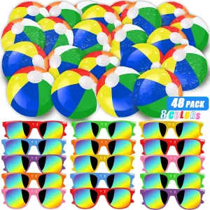 48 Pieces Summer Neon Glasses Beach Balls Bulk Party Favors 24Pack Neon Glasses 24Pack Beach Balls Boys Girls Graduation Party Supplies for Beach Day Pool Party Favors Goodie Bag Favors