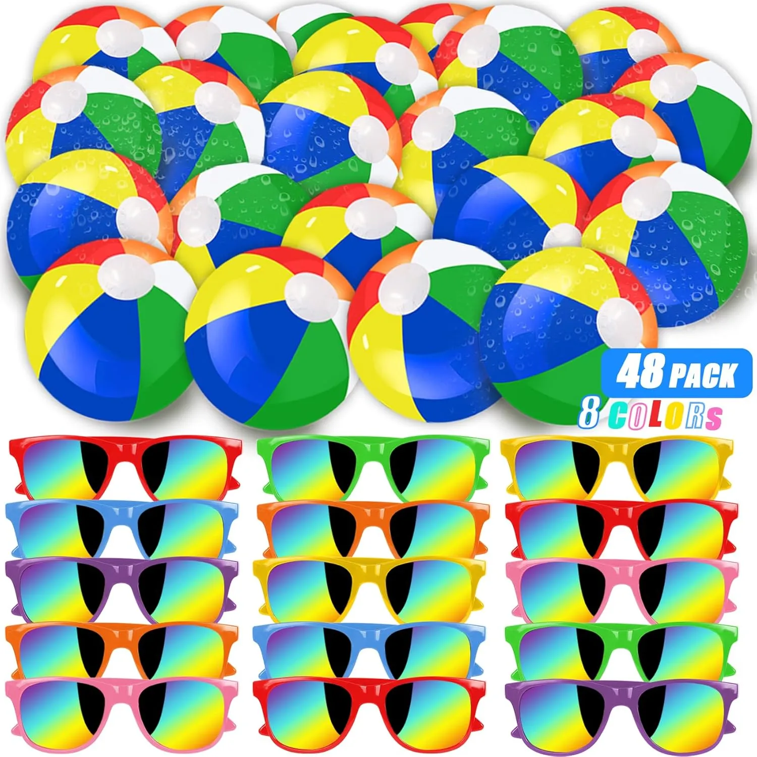 48 Pieces Summer Neon Glasses Beach Balls Bulk Party Favors 24Pack Neon Glasses 24Pack Beach Balls Boys Girls Graduation Party Supplies for Beach Day Pool Party Favors Goodie Bag Favors