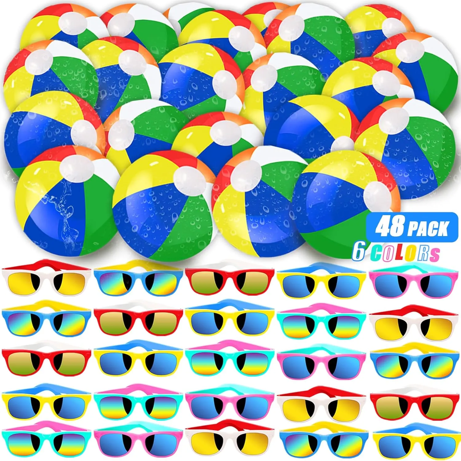 48 Pieces Summer Sunglasses Beach Balls Bulk Party Favors for Kids 24Pack Neon Sunglasses 24Pack Beach Balls Kid Boys Girls Graduation Party Supplies for Beach Day Pool Party Favors Goodie Bag Favors