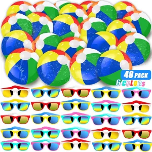 48 Pieces Summer Sunglasses Beach Balls Bulk Party Favors for Kids 24Pack Neon Sunglasses 24Pack Beach Balls Kid Boys Girls Graduation Party Supplies for Beach Day Pool Party Favors Goodie Bag Favors