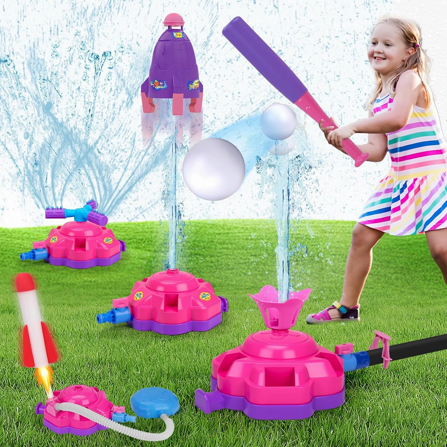 4-in-1 Sprinkler Toys for Kids Water Outdoor Baseball Rocket Launcher Rotating Water Spray Sprinklers Toys Toddler 4-8 8-12 Year Old Summer Backyard Garden Lawn Pool Outside Water Play Game Ages 3-5