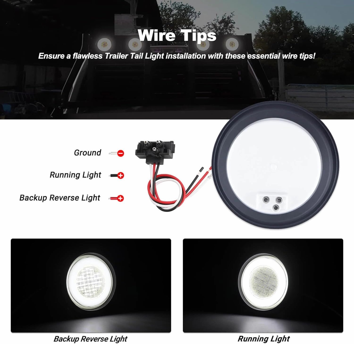 4 inch Halo Round LED Tail Lights White Backup Reverse Light 64 LEDs Waterproof IP67 for Trailer Trucks RV Camper Van with Rubber Grommet and 3 Prong Pigtails, 2Pcs