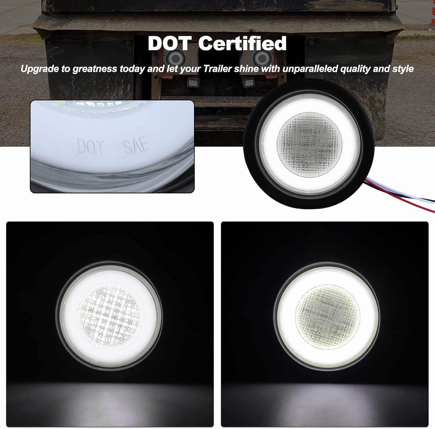 4 inch Halo Round LED Tail Lights White Backup Reverse Light 64 LEDs Waterproof IP67 for Trailer Trucks RV Camper Van with Rubber Grommet and 3 Prong Pigtails, 2Pcs