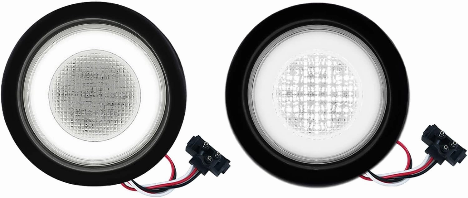 4 inch Halo Round LED Tail Lights White Backup Reverse Light 64 LEDs Waterproof IP67 for Trailer Trucks RV Camper Van with Rubber Grommet and 3 Prong Pigtails, 2Pcs