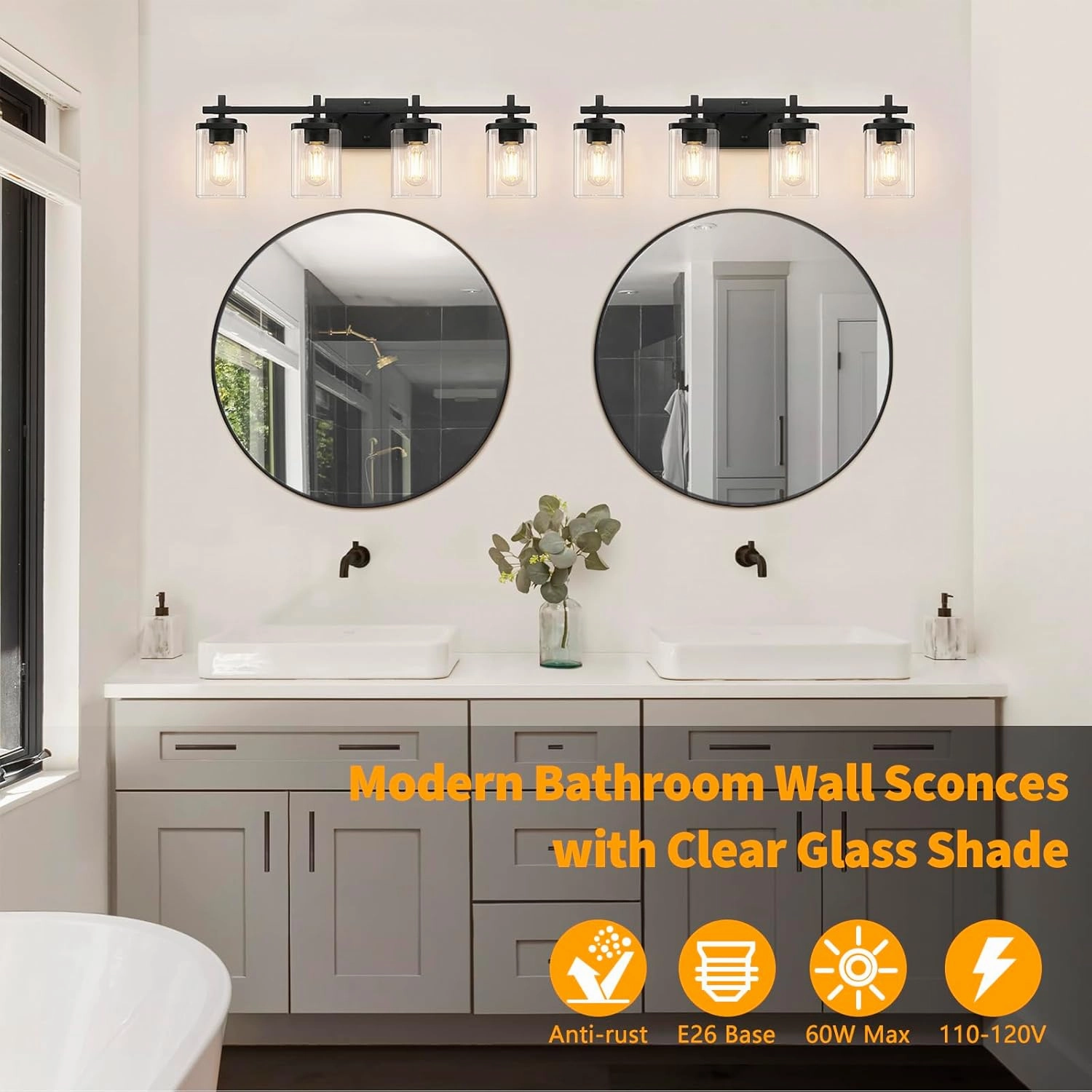 4-Lights Matte Black Bathroom Light Fixture, Modern Black Vanity Lights Over Mirror with Clear Glass Shade, Bathroom Wall Mounted Lamp for Mirror Living Room Hallway Cabinet